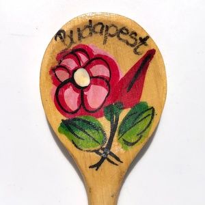 🦋 Budapest Hungary souvenir wooden spoon hand painted floral red pink 6.5 in.